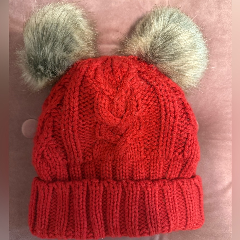 GAP Red Knit Hat with Faux Fur Pom Poms